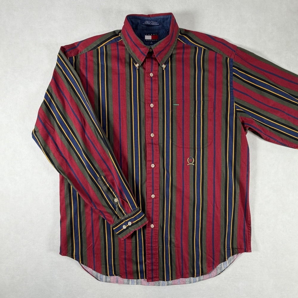 Vintage Tommy Hilfiger Button Down Mens M Red Multi Color Vertical Stripe Crest